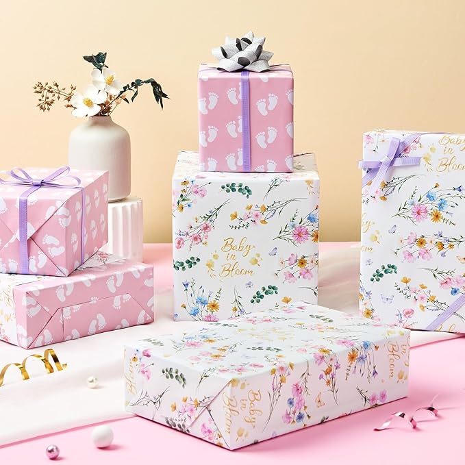 WERNNSAI Baby Wrapping Paper - 1 Roll 17”x 33 ft Baby Shower Wrapping Paper Pink Floral Gift Wrap Reversible New Born Girls 1st Birthday Present Packing Cute Foot Prints Design