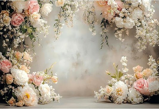 Baocicco 8x6.5ft Vinyl Flowers Wall Photography Backdrop Vinatage Wall White Pink Floral European Style Background Outdoor Wedding Birthday Party Banner Supplies Garden Home Decor Studio Props