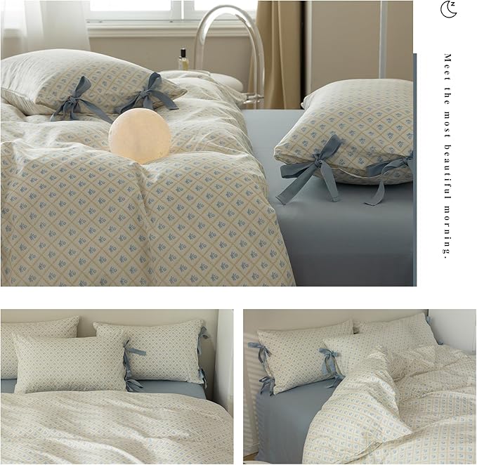 Blue Floral Duvet Cover King Soft Cotton Garden Style Floral Bedding Comforter Cover Plaid Grid Design Vintage Blue Flower Duvet Cover with 2 Bowknot Pillowcases Botanical Cottagecore Bedding Set