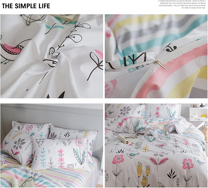 HighBuy Floral Printed Bedding Sets Full Duvet Cover Girls Cotton Comforter Cover Full Size Garden Aesthetic Reversible Striped Bedding Sets 3 Piece Bed Boho Comforter Cover Duvet Cover Set
