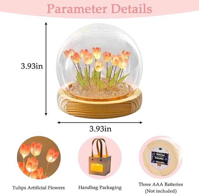 Tulips Lamp Gifts for Women, Tulips Artificial Flowers Night Light, Light Up Pink Tulip in Glass Dome for Bedroom, Unique Birthday Gifts for Women, Mom, Sister, Friends, Cute Home Decor