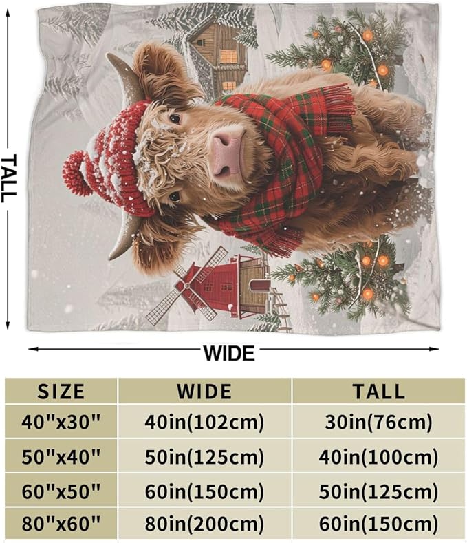 Highland Cow Blanket Christmas Cattle Throw Blanket Winter Snow Soft Cozy Fleece Fuzzy Stuffed Plush Farm Animal Flannel Gifts for Girls Women Boys Kids Adults 50"X60"