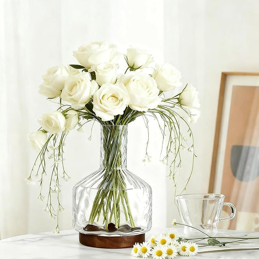 Clear Glass Vase Flower, Rippled Flower Vases with Wooden Base, 10-inch Modern Round Vases, Suitable for Living Room, Dining Room...