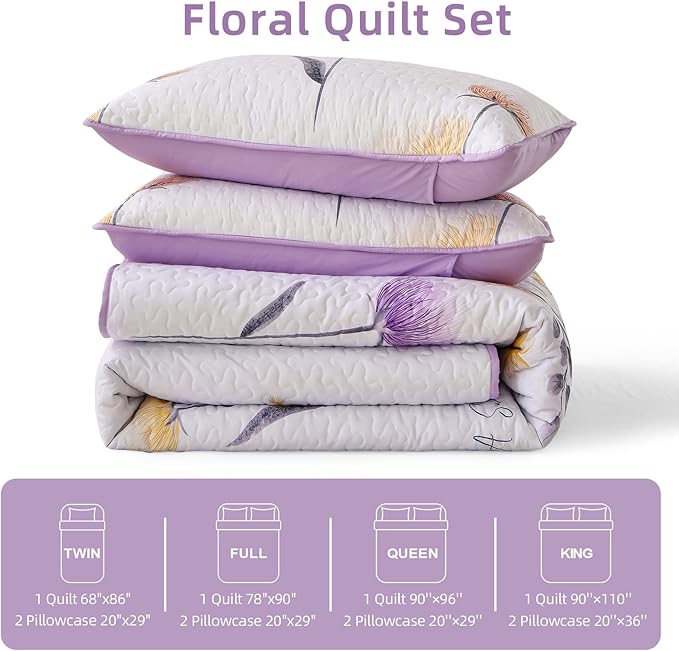 Dinjoy Floral Quilt Set Queen Size,Purple Bedspread Coverlet Botanical 3 Pieces Cute Fall Quilts Microfiber Lightweight Farmhouse Bedspreads Comforter Soft Bed Cover Sets for All Season(96"x90")
