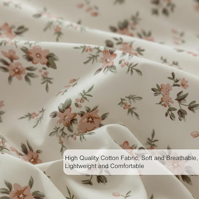 EAVD Garden Pink Floral Duvet Cover Queen Size 3 Pieces Soft Cotton Chic Cottagecore Bedding Set with 2 Bowknot Pillowcases Vintage Style Peach Flower Comforter Cover with Zipper Closure