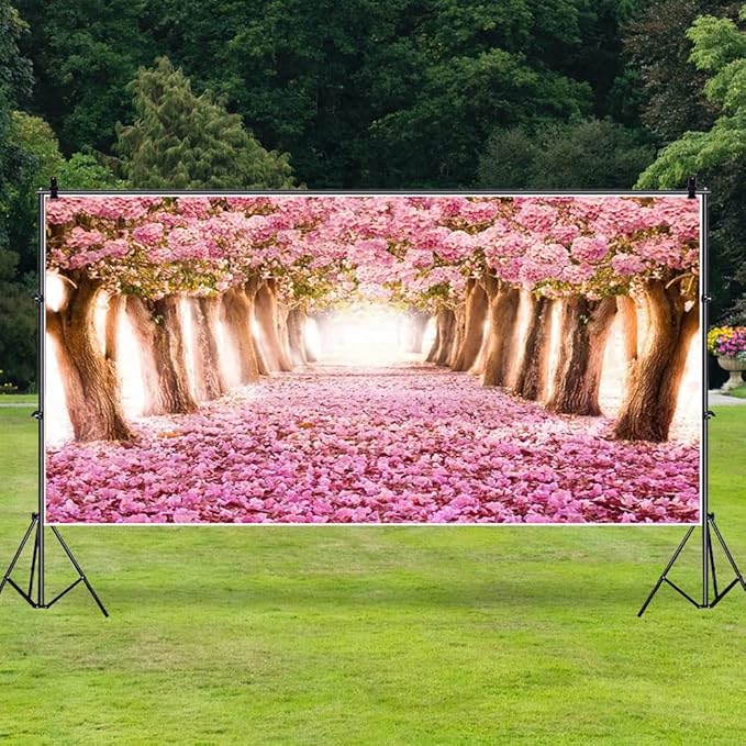 AOFOTO 20x10ft Spring Cherry Blossom Backdrop Sweet Pink Flowers Tree Floral Petal Boulevard Photography Background Baby Shower Photo Studio Props Girl Infant Adult Artistic Portrait Vinyl Wallpaper