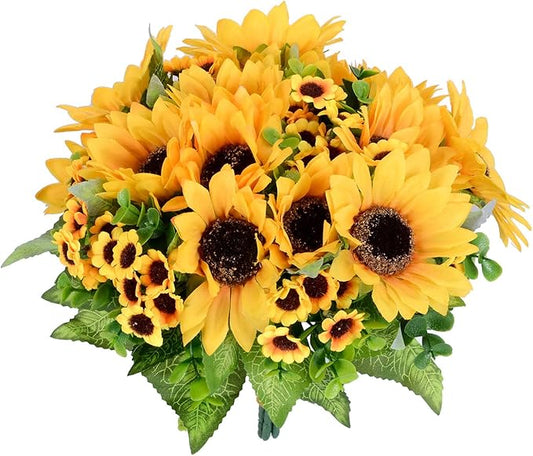 Lvydec Artificial Sunflower Bouquet, 4 Bunches Silk Sunflowers Fake Yellow Flowers for Home Decoration Wedding Decor (4 Pack)
