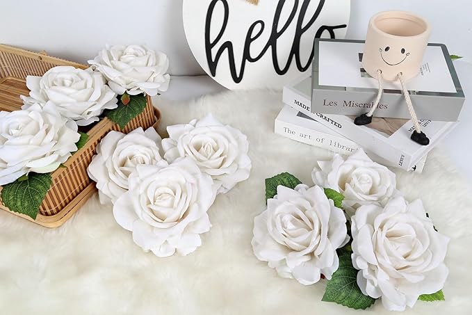 IPOPU 5 Inches White Artificial Large Rose Flower Head Fake Silk Rose with Stem Fake Flowers Bulk for DIY Gifts White Wedding Bouquet Arrangements Home Party Decor