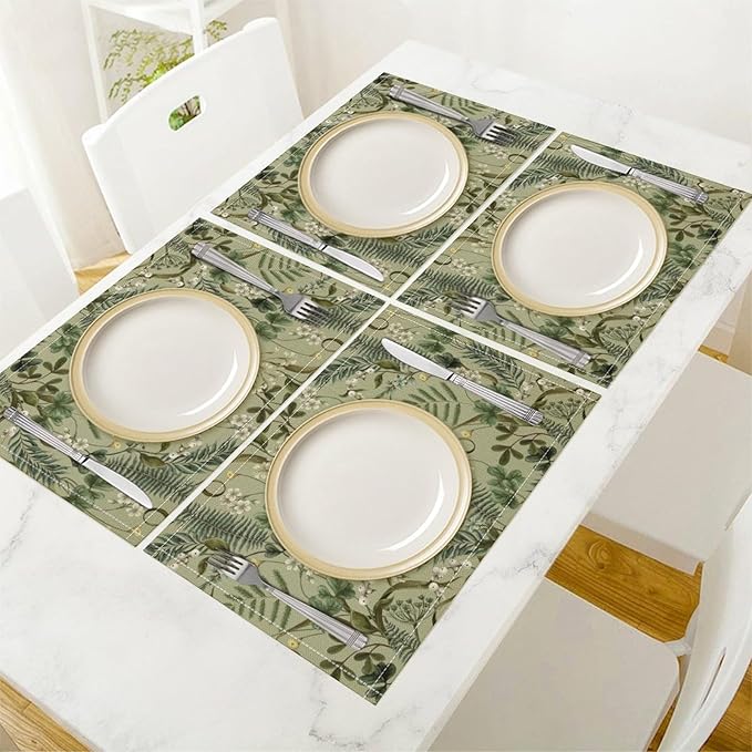 Retro Plant Placemats Set of 6, 17x12 Inch Green Leaves Retro Elegant Nature Plant Aesthetic Table Mats for Home Party Kitchen Dining Decor