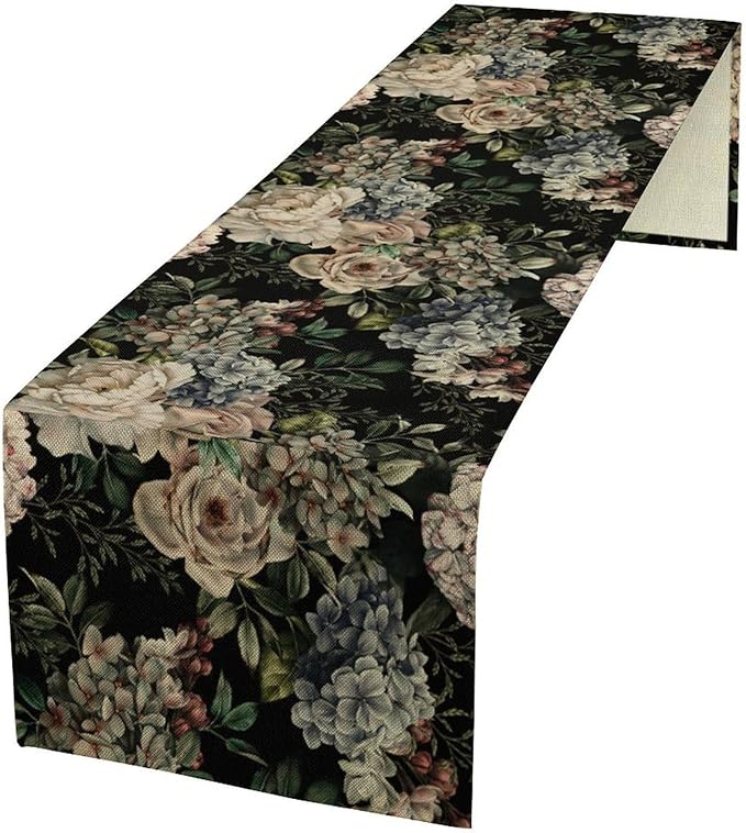 Retro Floral Table Runner, Dark Watercolor Flowers Boho Gothic Botanical Plant Art Table Runner for Indoor Outdoor Dinner Party Decor, 13x60inch