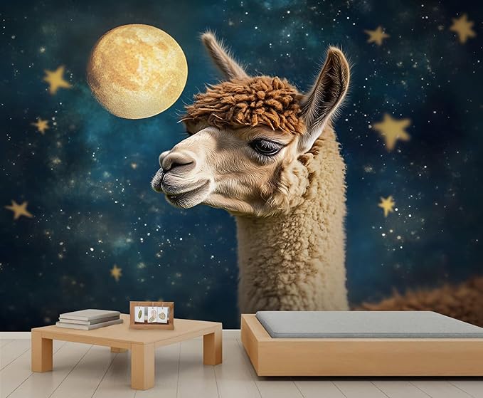 Starry Sky Alpaca Wall Mural, Dreamy Galaxy Moon Alpaca 3D Wall Murals, Cute Animal Wallpaper Mural, for Living Room Bedroom Large Wallpaper Indoor Decor 118" W x 82.6 "H