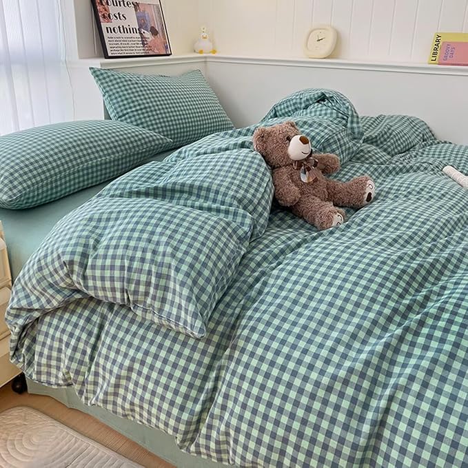 LifeTB Queen Comforter Set Green Gingham Bedding Comforter Modern Style Checkered Pattern Comforter Set Green Blue Grid Plaid Bedding Comforter Lightweight Fluffy Soft Gingham Grid Bedding Set