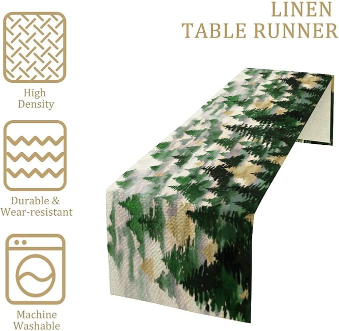 Watercolor Green Pine Trees Table Runner, Forest Woodland Tabletop Scarf Home Kitchen Holiday Decor, Seasonal Farmhouse Rustic Dining Decorations Party Supply 13 X 36 Inch