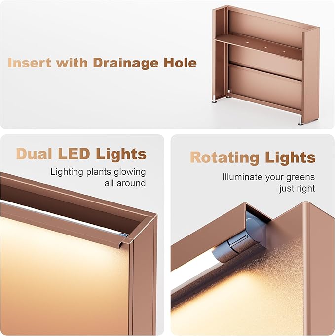 GSK Lighted Brown Metal Planter Box with LED Outdoor | Indoor Rectangular Flower Trough Built-in Light Versatile Rectangle Lighting Planters Easy Assemble Insert Drainage Hole Porch Patio Tarrace Yard