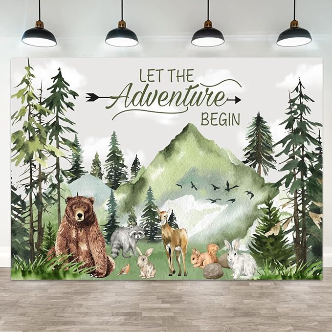 9x6ft Baby Shower Backdrop Mountain Forest Wild Animal Photography Background Cartoon Bear Woodland Green Trees White Cloud Birthday Party Banner Decorations Gender Reveal Photo Booth Prop