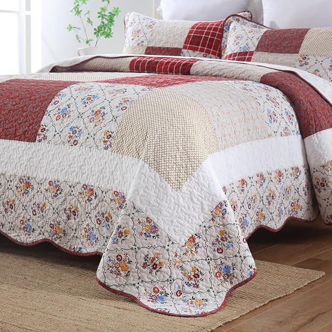 Cotton Bedspread Quilt Bedding Sets 3 Pieces Reversible Coverlet Sets Comforters Vintage Red White Rose Floral Patchwork Bedspread, Queen Size