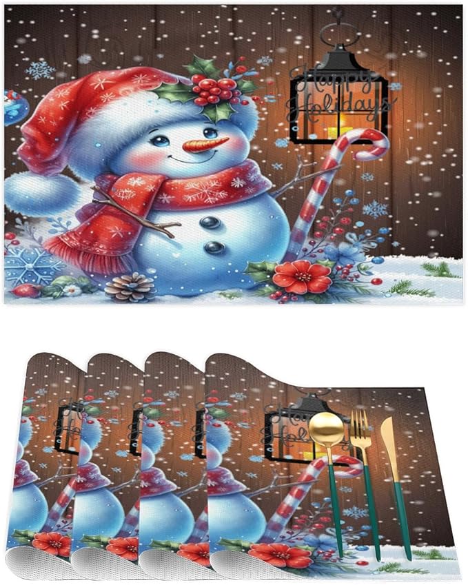 Christmas Art Snowman Snowflake Placemats Set of 4 PVC Vinyl Non Slip Table Mats Heat Resistant Place Mats Washable Wipeable Dining Table Mat for Kitchen Decor Party Indoor Outdoor Decorative Gift