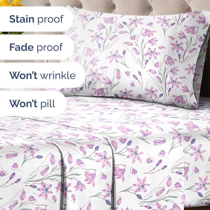 Floral Sheets - Pink Floral Bed Sheet Set - 1 Flat & 1 Fitted & 1 Pillowcase w/ Deep Pockets - Comfy, Wrinkle & Fade Free - Boho Botanical Bedding - Ultra-Soft, Breathable & Cooling - Twin XL Size Set