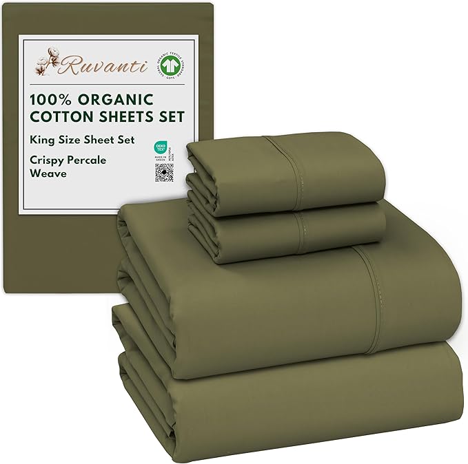 RUVANTI 100% Organic Cotton Sheets King Size, Percale Weave, GOTS Certified, 4-Piece Set, Deep Pocket 15", Crisp & Breathable, Soft Durable Bedding, Sábanas Algodón Orgánico – Olive
