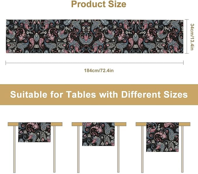 Bohemian Table Runner, Black Blue Pink Paisley Floral Boho Decor Table Runner for Kitchen Dining Home Party, 13x120 Inch