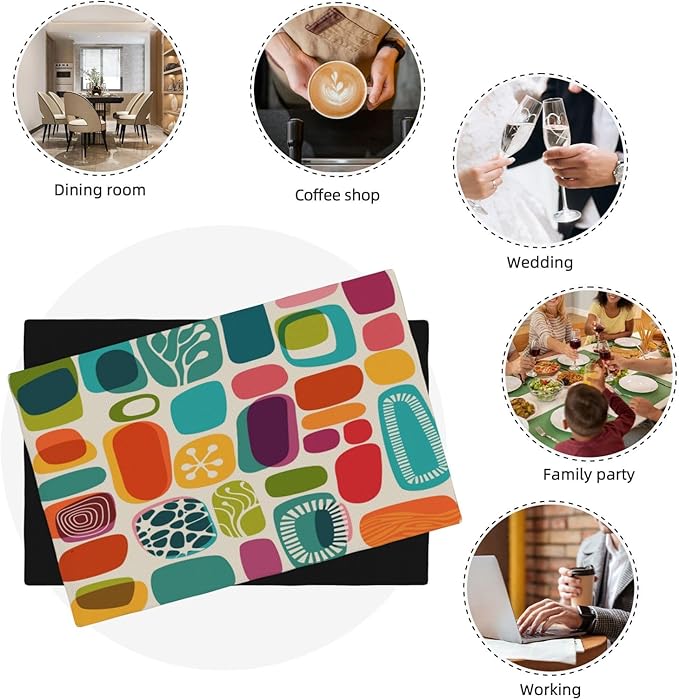 Mid Century Colorful Modern Placemats Set of 6,Kitchen Table Mats for Dining Outdoor Home Decor 12x18 Retro Place Mats 6 PCS, Style-15
