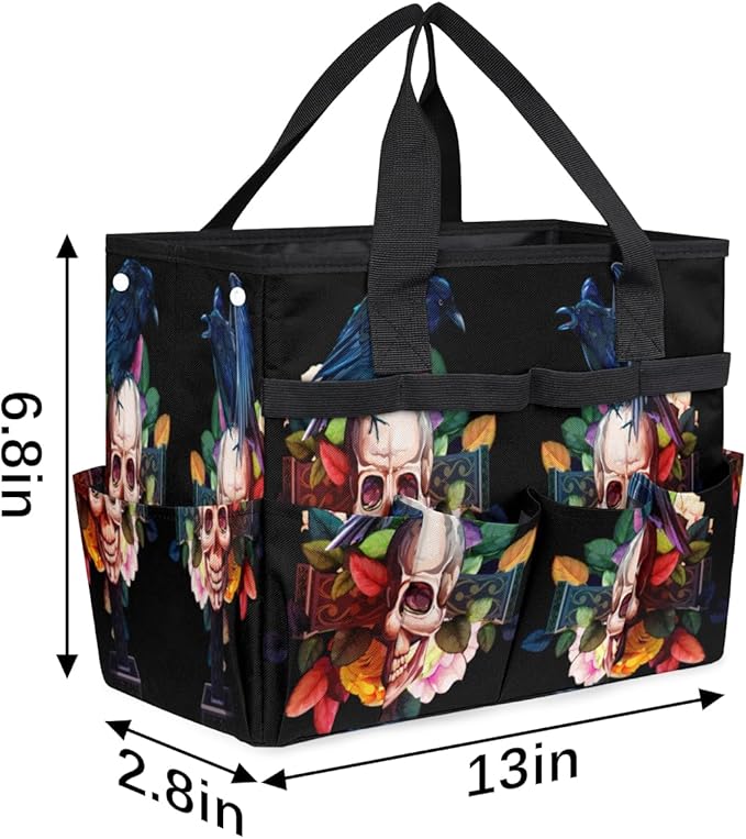 Garden Tool Tote Bag for Women Men Raven Skull Rose Gardening Tool Storage Bags with 10 Pockets Standable Garden Home Tool Kits Organizer for Indoor Outdoor Gardening Gifts