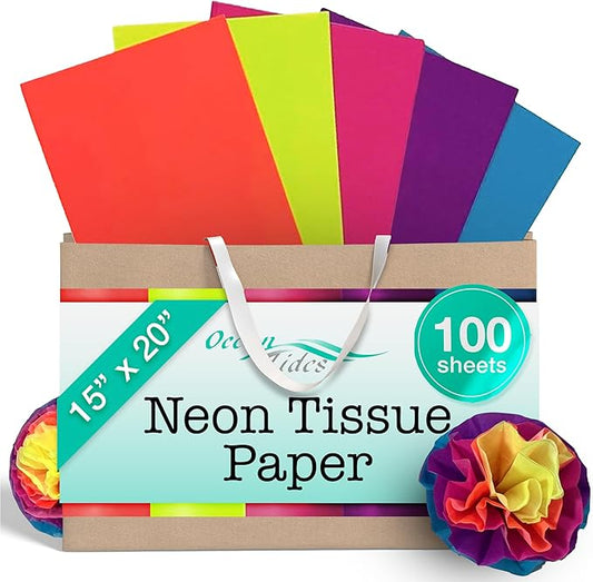 Ocean Tides 100 Sheets (14 x 20 Inches) Christmas Wrapping Paper – Gift Wrapping Tissue Paper Bulk for Crafts, Birthdays, & Holidays – Colored Tissue Papers for Gift Bags & Decorations, Assorted Neon