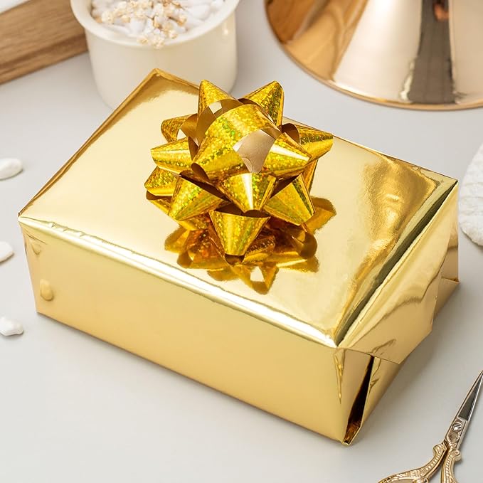 Merture Gold Wrapping Paper Roll - 17 In X 784.4 In (92.6 sqft) Metallic Gold Solid Color Gift Wrap with Grid Cutting Lines for Christmas, Wedding, Birthday, Valentines Day, Mothers Day, Baby Shower