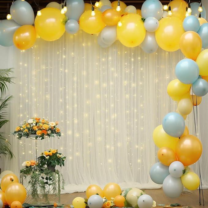 10ft x 10ft Ivory Backdrop Curtain with Lights String for Parties, Sheer Tulle Wedding Photo Backdrops Drapes for Baby Shower Birthday Party Decorations Background for Photography