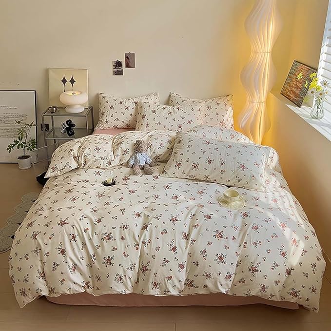 Nayoroom Vintage Floral Duvet Cover Full Size Red Rose Flower Green Botanical Cottagecore Bedding Set 3 Pieces Soft Lightweight Washed Microfiber Spring Duvet Cover Gifts for Women Girls