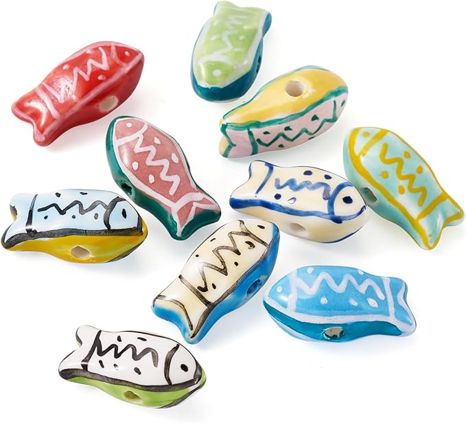 Beadthoven 10Pcs Fish Handmade Porcelain Ceramic Beads Colorful Printed Ceramic Beads Cute Ocean Sea Animal Spacers for DIY Necklaces Bracelets Summer Jewelry Making Crafts Supplies