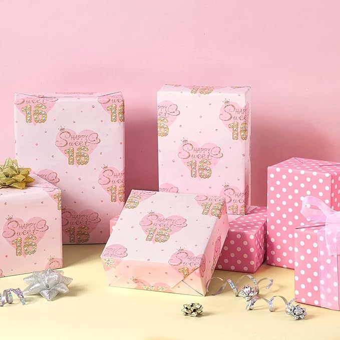 WERNNSAI Sweet 16th Birthday Wrapping Paper - 1 Roll 17”x 33ft Pink Love Heart Wrapping Paper 16th Girl Birthday Gift Packing Suppply for Princess Theme Party Wrap Decor Supply