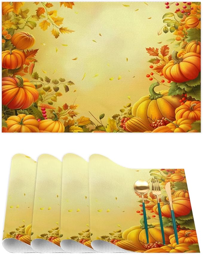 Thanksgiving Fall Yellow Pumpkin Placemats Set of 4 PVC Vinyl Non Slip Table Mats Heat Resistant Place Mats Washable Wipeable Dining Table Mat for Kitchen Decor Party Indoor Outdoor Decorative Gift