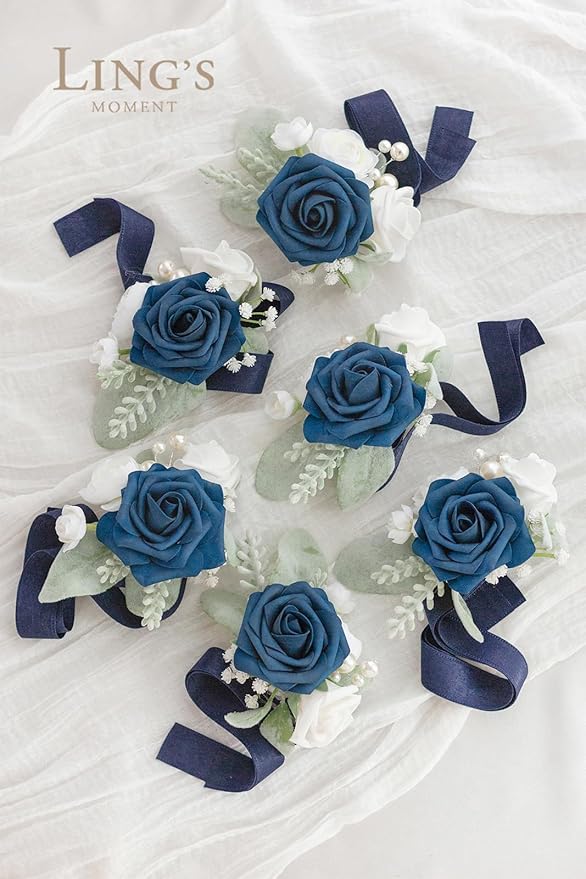 Ling's moment 6pcs Wedding Wrist Corsage Artificial Flowers, Girl/Mother Homecoming Prom Corsages Wristlet Décor, etc. Navy Blue Dark Navy