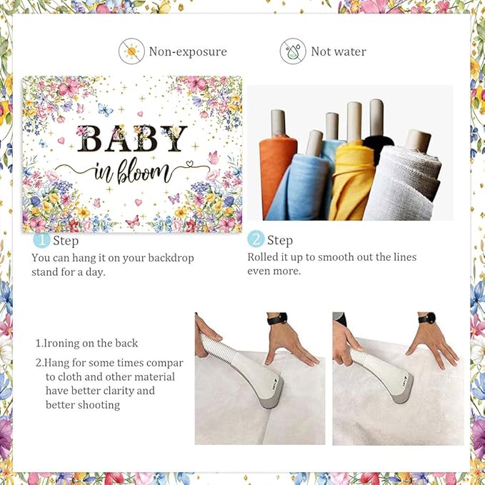 Baby in Bloom Backdrop Wildflower Baby Shower Party Photography Background Spring Floral Gold Glitter Butterfly Banner for Girls Baby Shower Newborn Birthday Party Decorations (82x59 inch (7x5FT))