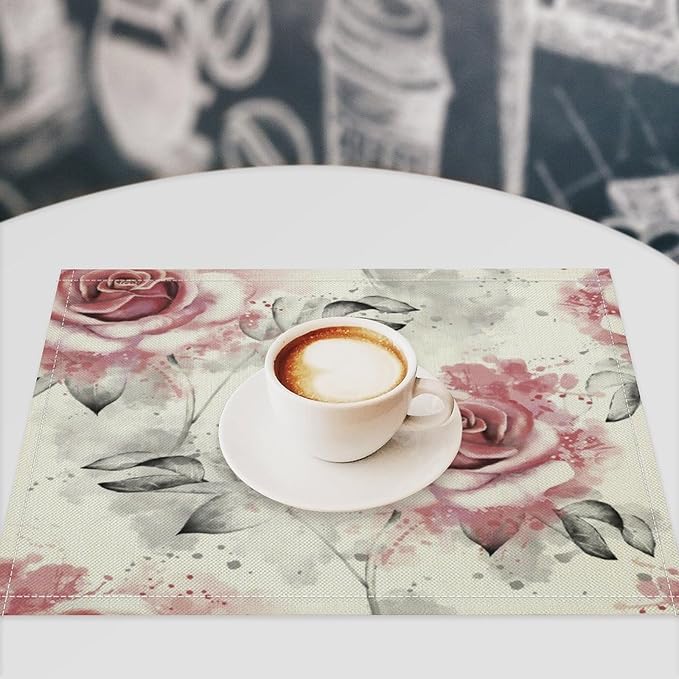 Rose Placemats Set of 4, 17x12 Inch Vintage Romantic Floral Pink Rose Gray Leaf White Table Mats for Home Party Kitchen Dining Decor