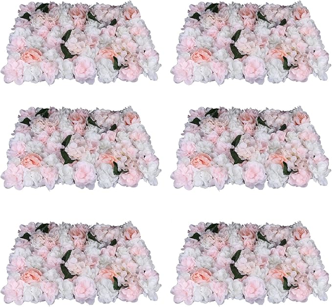 6Pcs 15.75"x 23.62x 0.79" Artificial Flower Wall Panels,Flower Wall Mat Silk Flower Panels for Outdoor Garden Backyard Fence Fence Privacy Screen and Indoor Wall Decor (6Pcs White+Pink)