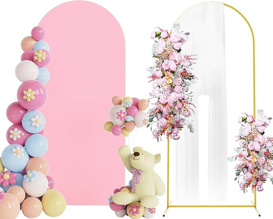 Putros 6ft Metal Arch Stand with Cover Pink Spandex Fitted Wedding Arch Cover and Round Top Chiara Backdrop Stand Set for Birthday Party Baby Shower Decoration