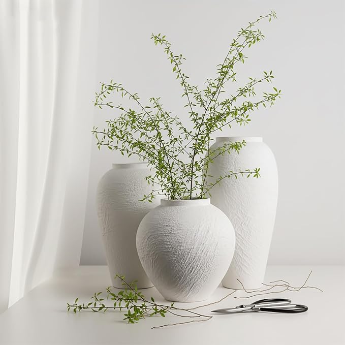 Vintage Ceramic Vase, Minimalist Texture Stone Patterned White Flower Vase, Decorative Vase for Living Room Shelf Farmhouse Dining Table Centerpiece Decor (White Texture 10.4'')