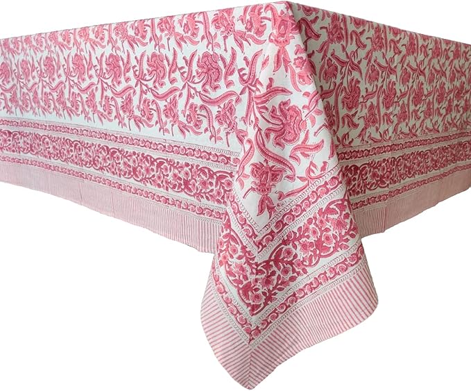 ATOSII Red Bloom 100% Cotton Tablecloth, Handblock Print Rectangle Table Cover for Kitchen Dining I Tabletop Linen I Parties, Wedding, Spring Summer Table Cloth 60 X 108 Inches