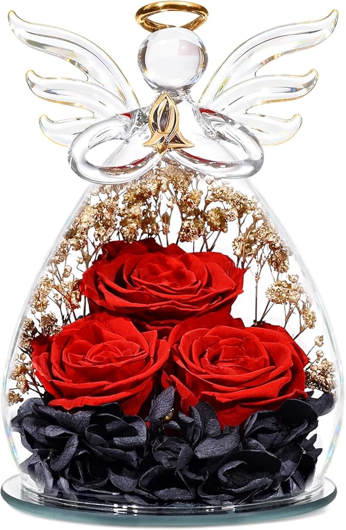 Beferr Christmas Birthday Gifts for Women, Mom Gifts for Christmas Fresh Flowers for Delivery Prime Forever Preserved Rose in Glass Angel Figurine Xmas Gifts for Grandma Wife Sister Her, Black & Red