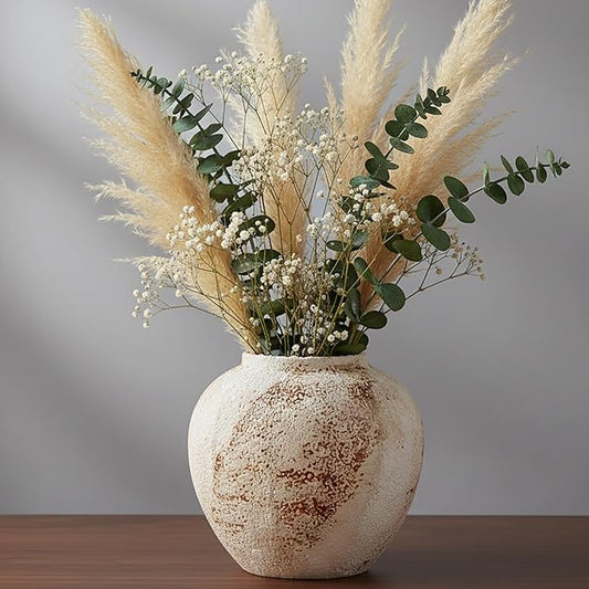 Vintage Ceramic Vase, Minimalist Texture Stone Patterned White Flower Vase, Decorative Vase for Living Room Shelf Farmhouse Dining Table Centerpiece Decor (Rustic 7.9'')