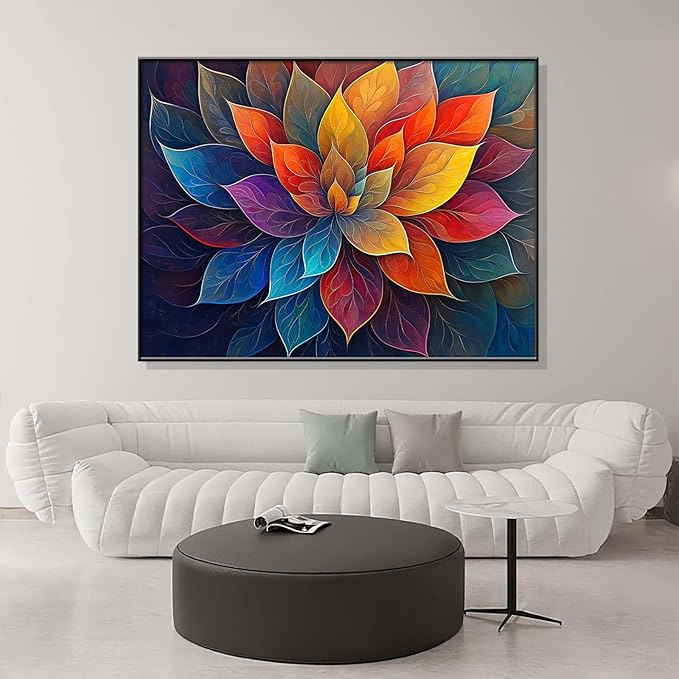 Colorful Flower Canvas Wall Art, Abstract Floral Canvas Prints, Lotus Blossom Pictures Wall Decor, Zen Painting, Yoga Studio Wall Decor (Black Framed, 47"Wx35"H/120x90cm)