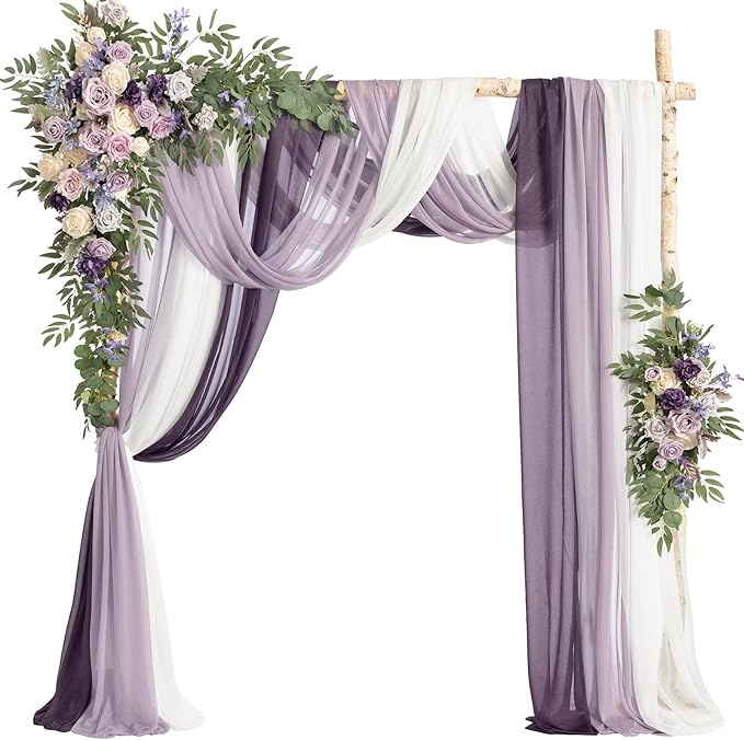 Ling's moment Wedding Arch Flowers with Sheer Drapes Kit - Artificial Purple and Gold Rose Floral Arrangements for Ceremony Backdrop, Arbor Decor, 5-Piece Set (2 Flower Stems + 3 Hanging Drapes)