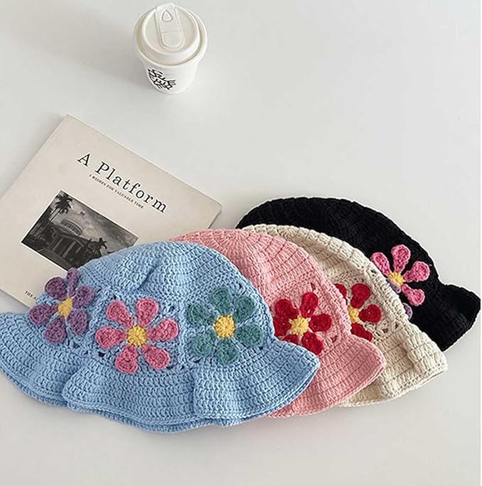 Crochet Bucket Hat for Women Flower Knit Hat Hollow Out Foldable Cap Hats