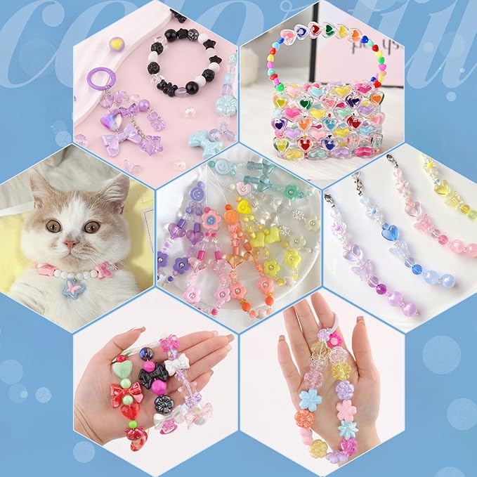Assorted Acrylic Beads, 390-450PCS 9 Mixed Colors Cute Beads for Bracelet Making, GummyBear Bow Flower Kawaii Charms for Jewelry Making DIY Necklace Keychain Phone Charm Christmas Gift