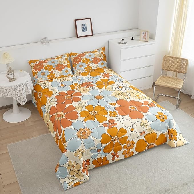 Retro 70s 60s Floral Hippie Bedding Set King Size,Summer Groovy Flowers Comforter Set Room Decor for Couple,Boho Plant Microfiber Down Comforter,2 Pillowcases