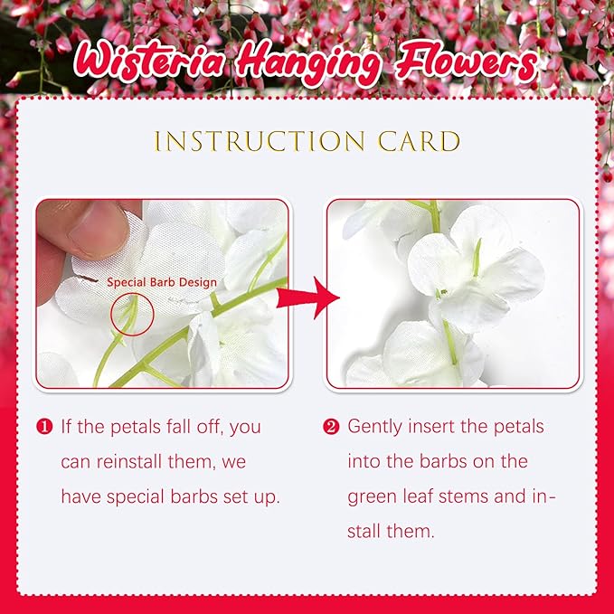 12 Pack Red Wisteria Hanging Flowers, 3.44 Ft Fake Hanging Flowers, Artificial Wisteria Garland Vines for Wedding Room Backdrop Outdoor Patio Garden Decoration