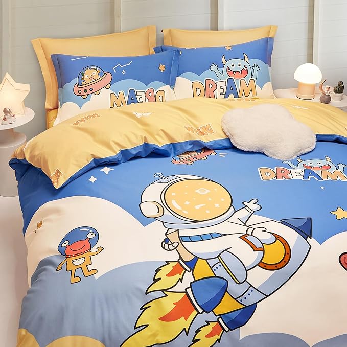 SAPHREAS Planet Astronaut Kids Duvet Cover Set Queen Size 4pcs with Fitted Sheet 100% Cotton Children Bedding Comforter Cover Set, Comforter Not Included