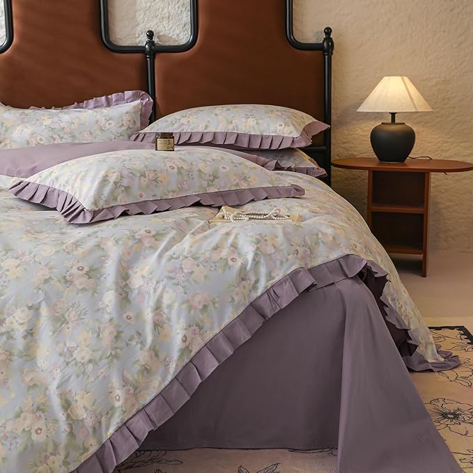 Purple Ruffle Duvet Covet Set Queen Cute Flower Comforter Cover Princess Style Lace Bedding Set Vintage Floral Duvet Cover for Teen Girls Romantic Ruffle Comforter Cover Floral Aesthetic Bedding Set